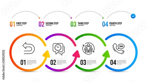 24h service sign. Infographics timeline. Undo, Clock and Teamwork line icons set. Left turn, Time, Employees change. Call support. Technology set. Undo icon. Timeline diagram. Vector