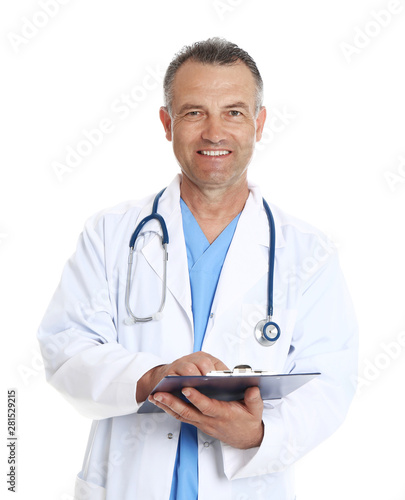 Portrait of experienced doctor in uniform on white background. Medical service
