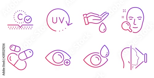 Face search, Eye drops and Uv protection line icons set. Wash hands, Capsule pill and Collagen skin signs. Farsightedness, Face id symbols. Find user, Check vision. Healthcare set. Vector