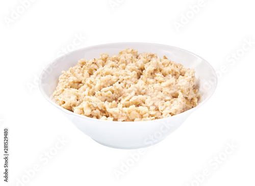 Ceramic bowl with prepared oatmeal isolated on white background.