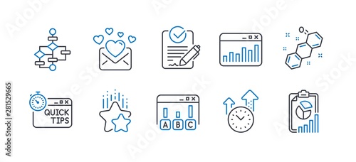 Set of Education icons, such as Block diagram, Survey results, Quick tips, Rfp, Ranking stars, Chemical formula, Love mail, Marketing statistics, Time management, Report line icons. Vector