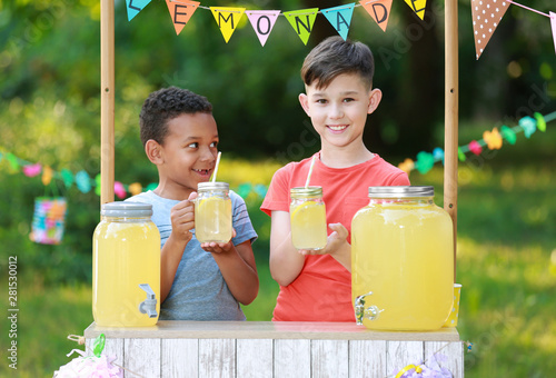 Cute little boys at lemonade stand in park. Summer refreshing natural drink