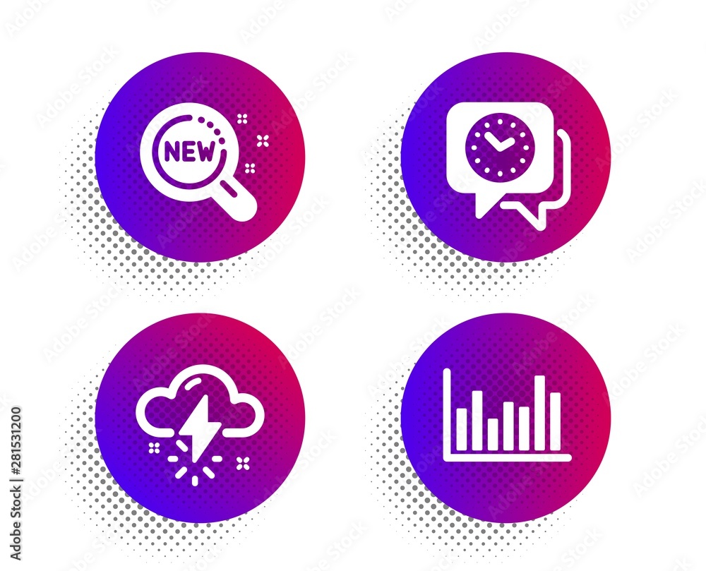 Thunderstorm weather, New products and Clock icons simple set. Halftone dots button. Bar diagram sign. Thunder bolt, Search, Time. Statistics infochart. Science set. Vector Thunderstorm weather, New products and Clock icons simple set. Halftone dots button. Bar diagram sign. Thunder bolt, Search, Time. Statistics infochart. Science set. Vector