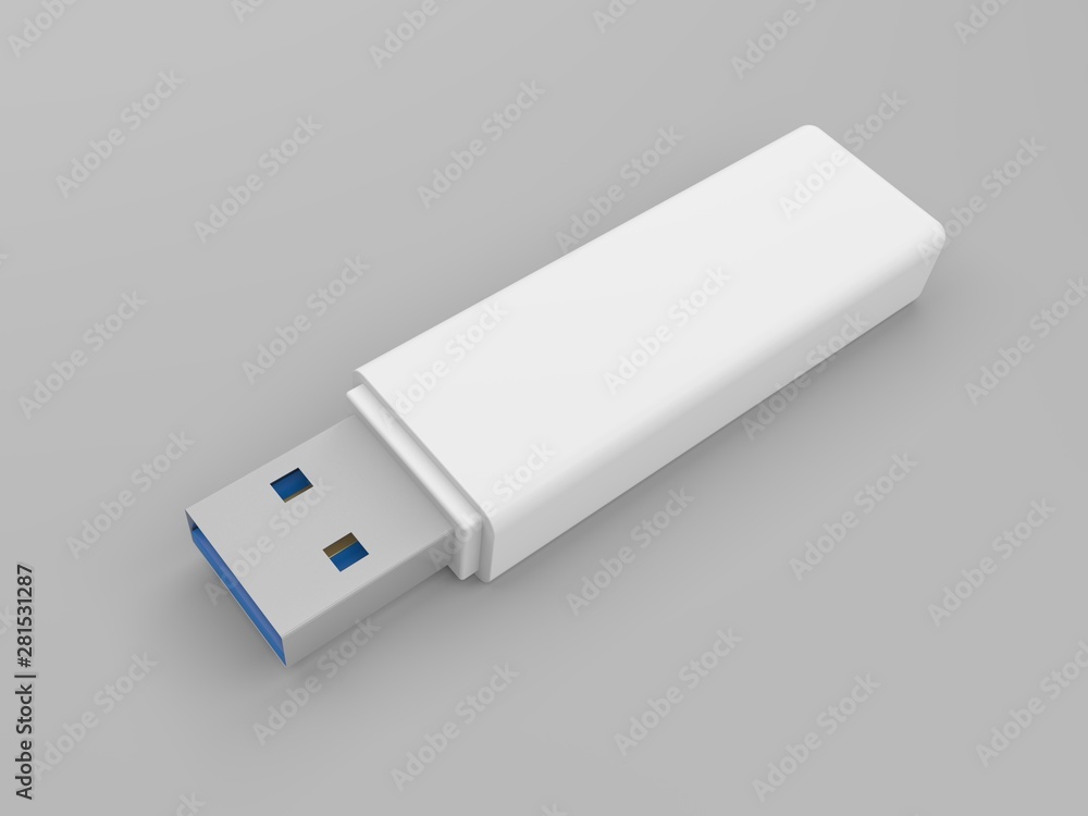 White USB flash drive isolated on gray background. 3d illustration. White USB flash drive isolated on gray background. 3d illustration.