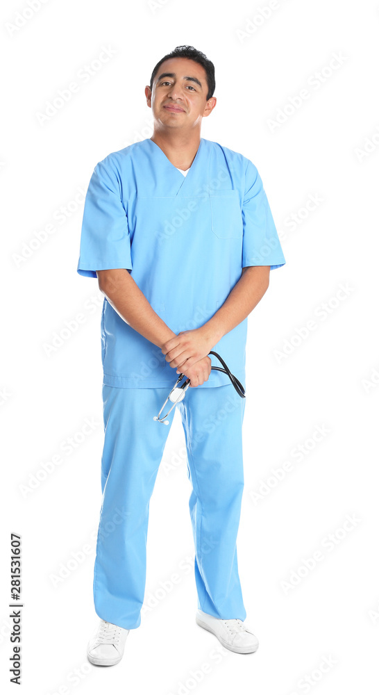 Full length portrait of male Hispanic doctor isolated on white. Medical staff Full length portrait of male Hispanic doctor isolated on white. Medical staff