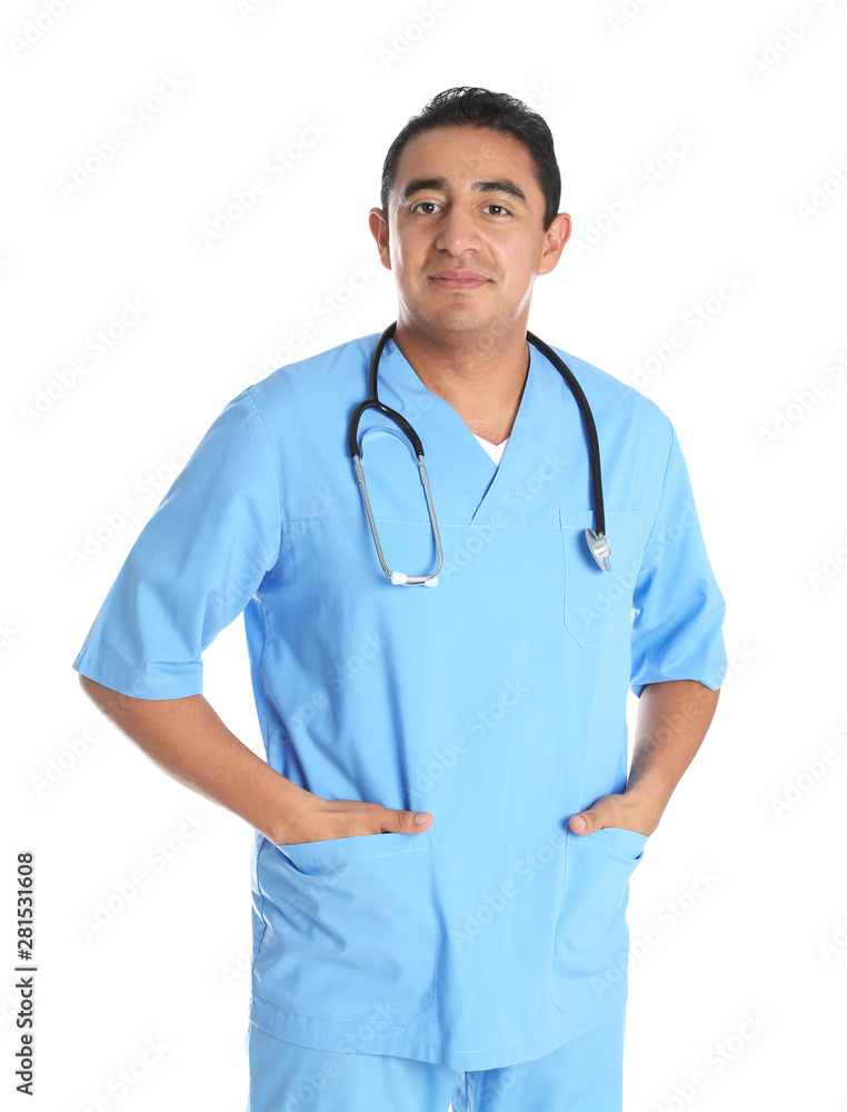 Portrait of male Hispanic doctor isolated on white. Medical staff Portrait of male Hispanic doctor isolated on white. Medical staff