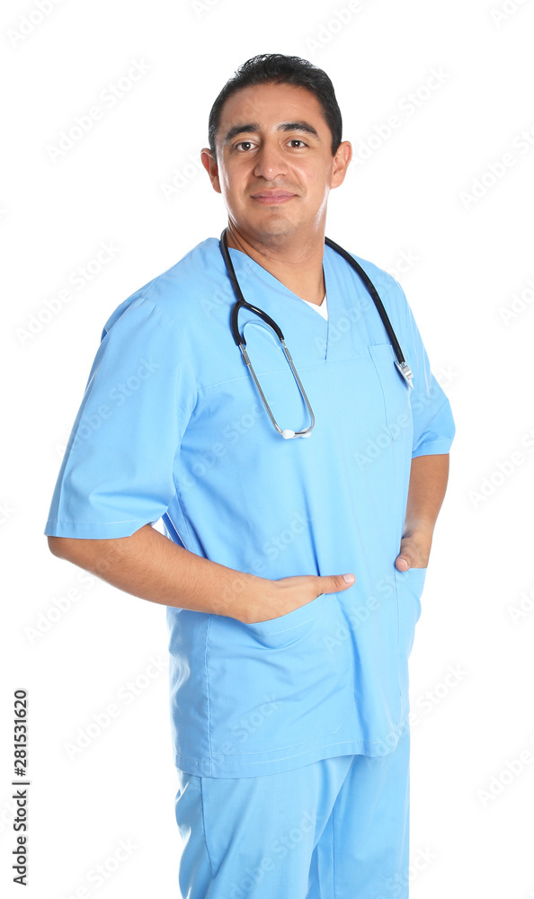 Portrait of male Hispanic doctor isolated on white. Medical staff Portrait of male Hispanic doctor isolated on white. Medical staff