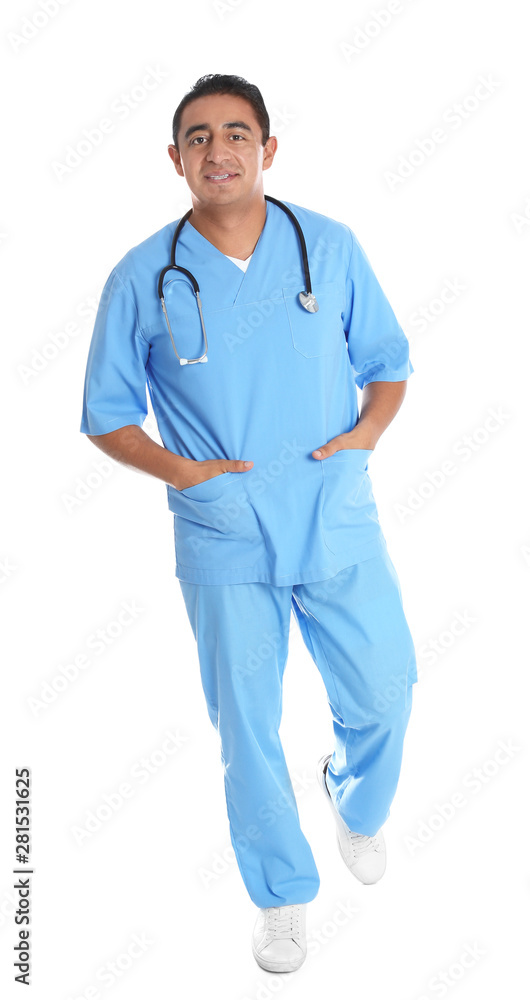 Full length portrait of male Hispanic doctor isolated on white. Medical staff Full length portrait of male Hispanic doctor isolated on white. Medical staff