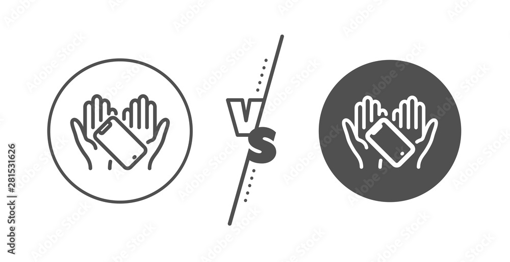 Phone sign. Versus concept. Smartphone holding line icon. Mobile device symbol. Line vs classic smartphone holding icon. Vector