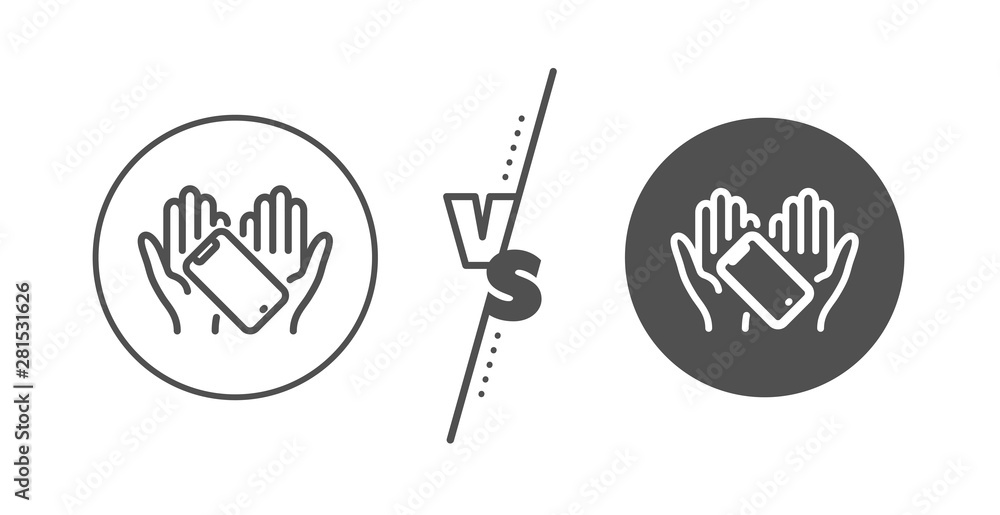 Phone sign. Versus concept. Smartphone holding line icon. Mobile device symbol. Line vs classic smartphone holding icon. Vector Phone sign. Versus concept. Smartphone holding line icon. Mobile device symbol. Line vs classic smartphone holding icon. Vector