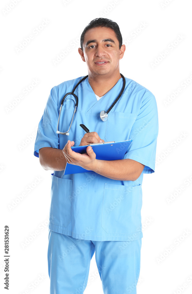 Portrait of male Hispanic doctor isolated on white. Medical staff Portrait of male Hispanic doctor isolated on white. Medical staff