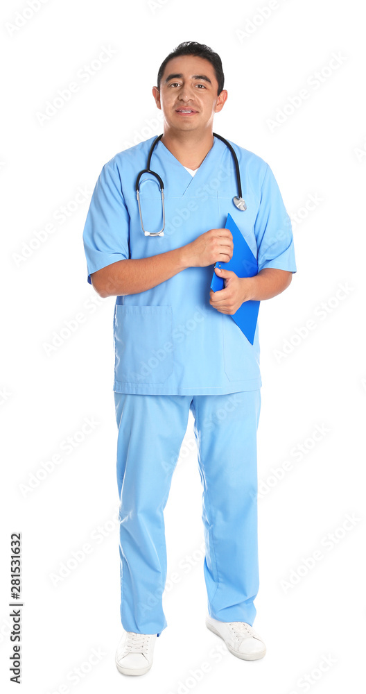 Full length portrait of male Hispanic doctor isolated on white. Medical staff Full length portrait of male Hispanic doctor isolated on white. Medical staff