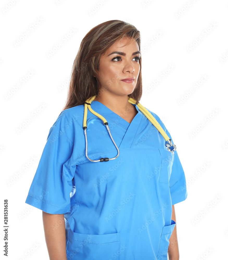 Portrait of female Hispanic doctor isolated on white. Medical staff Portrait of female Hispanic doctor isolated on white. Medical staff