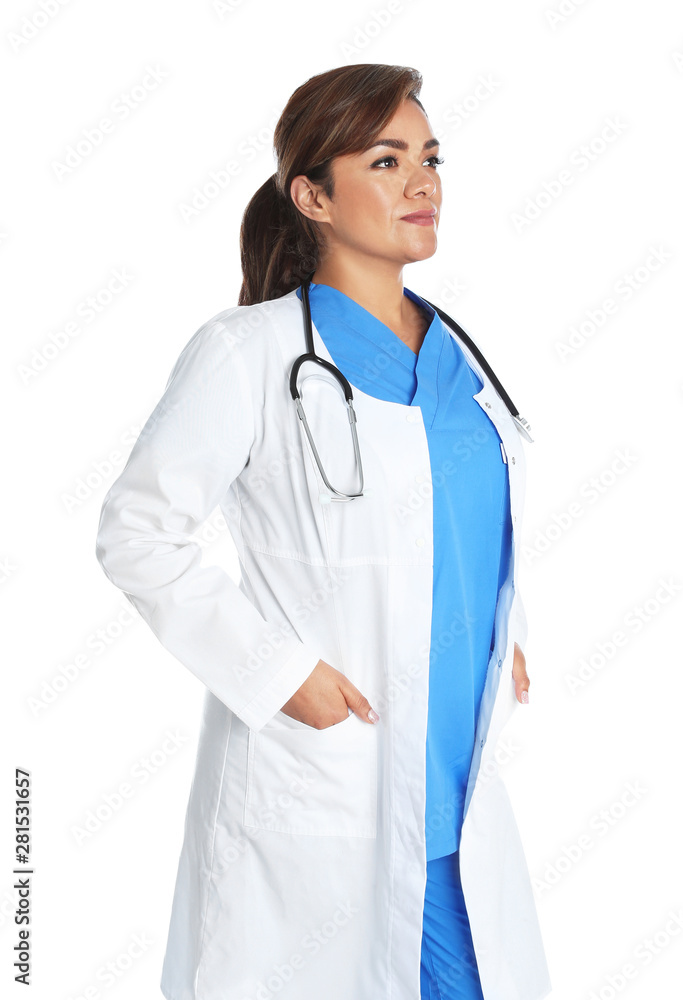 Portrait of female Hispanic doctor isolated on white. Medical staff Portrait of female Hispanic doctor isolated on white. Medical staff