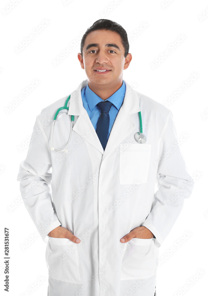 Portrait of male Hispanic doctor isolated on white. Medical staff Portrait of male Hispanic doctor isolated on white. Medical staff