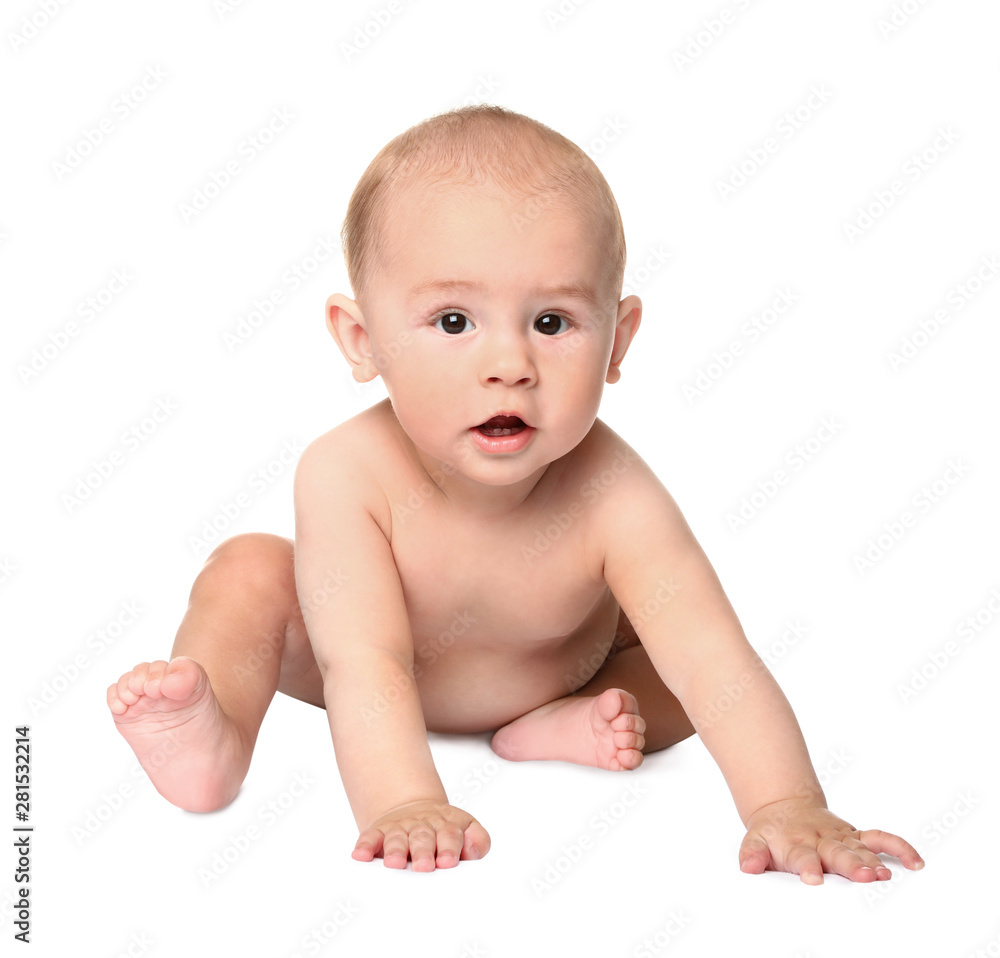 Cute little baby sitting on white background Cute little baby sitting on white background