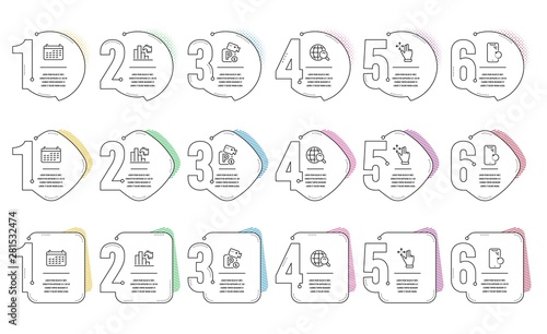 Decreasing graph, Smartphone recovery and Calendar line icons set. Infographic timeline. Move gesture, Parking security and Internet search signs. Column chart, Phone repair, Business audit. Vector