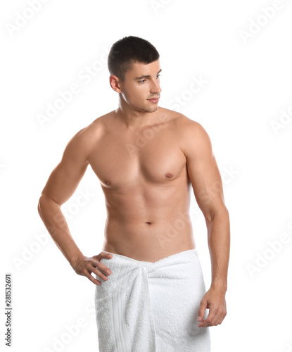 Young man with slim body on white background