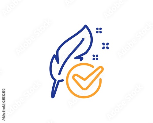 Feather sign. Hypoallergenic tested line icon. No synthetic symbol. Colorful outline concept. Blue and orange thin line hypoallergenic tested icon. Vector