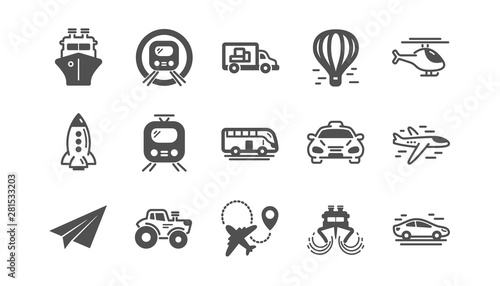 Transport icons. Taxi, Helicopter and Train. Airplane classic icon set. Quality set. Vector