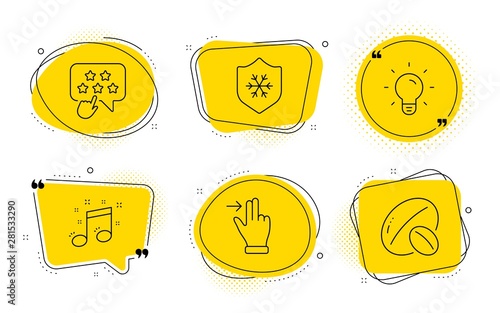 Light bulb, Clean skin and Soy nut signs. Chat bubbles. Musical note, Touchscreen gesture and Ranking star line icons set. Music, Slide right, Click rank. Lamp energy. Line musical note icon. Vector