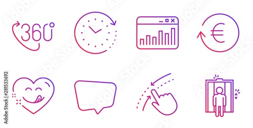 Yummy smile, Time change and Swipe up line icons set. 360 degree, Marketing statistics and Chat message signs. Exchange currency, Elevator symbols. Comic heart, Clock. Business set. Vector