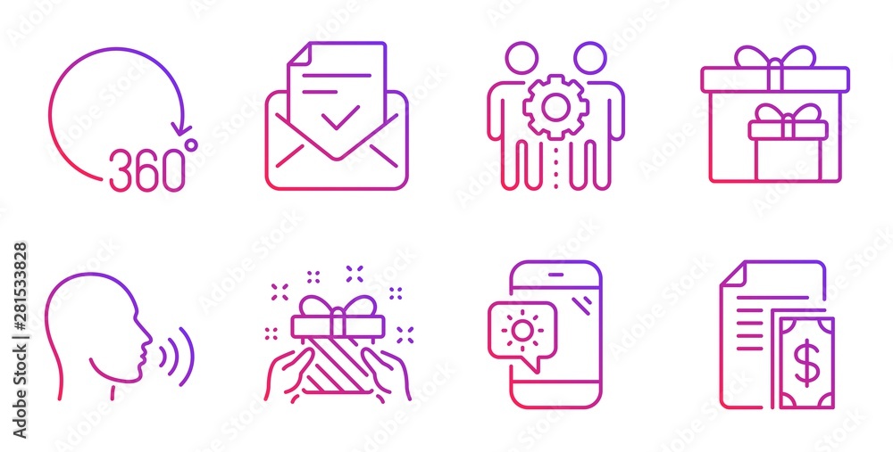 Delivery boxes, Employees teamwork and Approved mail line icons set. Gift, Human sing and Weather phone signs. 360 degrees, Payment symbols. Birthday gifts, Collaboration. Business set. Vector Delivery boxes, Employees teamwork and Approved mail line icons set. Gift, Human sing and Weather phone signs. 360 degrees, Payment symbols. Birthday gifts, Collaboration. Business set. Vector