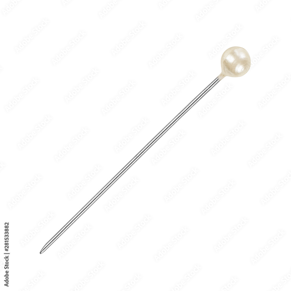 Sewing push pin with a pearl head on an isolated white background Sewing push pin with a pearl head on an isolated white background