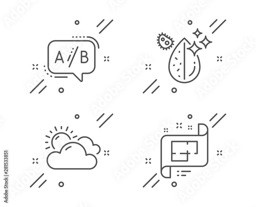 Ab testing, Dirty water and Sunny weather line icons set. Architectural plan sign. Test chat, Aqua drop, Summer. Technical project. Science set. Line ab testing outline icon. Vector