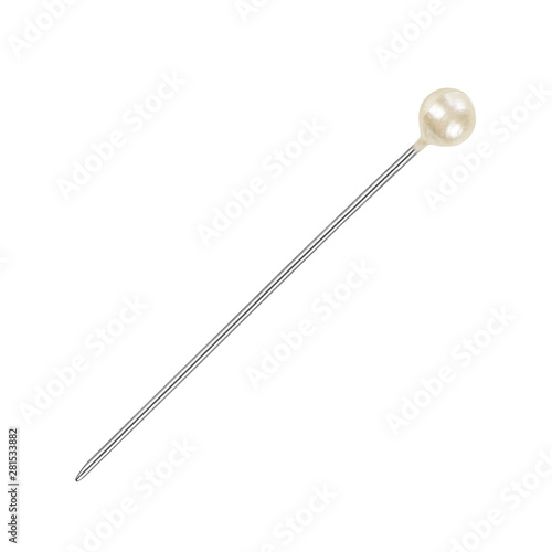 Sewing push pin with a pearl head on an isolated white background