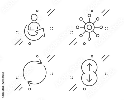 Full rotation, Multichannel and Share line icons set. Scroll down sign. Refresh or reload, Multitasking, Referral person. Swipe arrow. Technology set. Line full rotation outline icon. Vector © blankstock