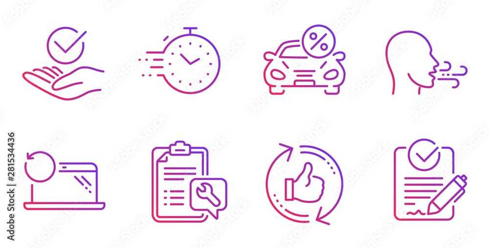 Spanner, Refresh like and Timer line icons set. Approved, Car leasing and Breathing exercise signs. Recovery laptop, Rfp symbols. Repair service, Thumbs up counter. Technology set. Vector Spanner, Refresh like and Timer line icons set. Approved, Car leasing and Breathing exercise signs. Recovery laptop, Rfp symbols. Repair service, Thumbs up counter. Technology set. Vector