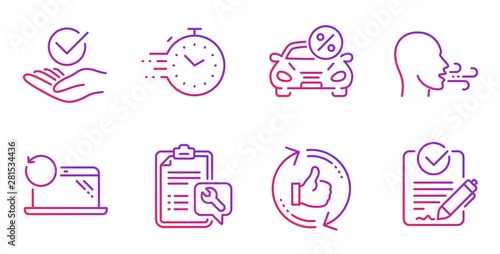 Spanner, Refresh like and Timer line icons set. Approved, Car leasing and Breathing exercise signs. Recovery laptop, Rfp symbols. Repair service, Thumbs up counter. Technology set. Vector