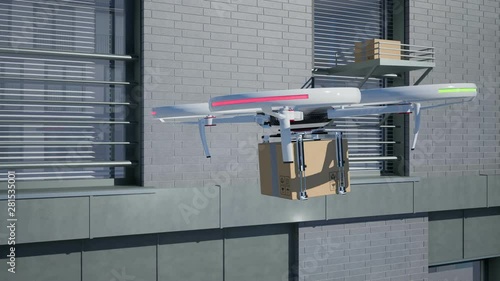 Drone delivers parcel to residence. Drone boxes or parcels delivery.  4K 60fps animation.