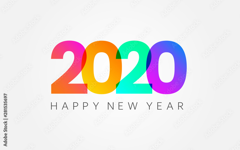 Happy New Year 2020. Holiday banner on white backdrop. Color gradient numbers and congratulation text. Minimal design template. Color greeting card. Vector illustration Happy New Year 2020. Holiday banner on white backdrop. Color gradient numbers and congratulation text. Minimal design template. Color greeting card. Vector illustration