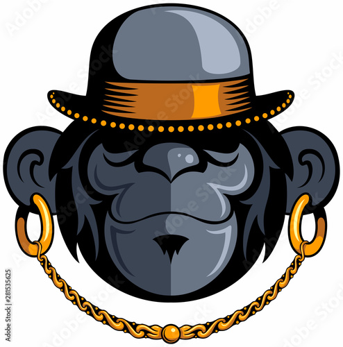Monkey, gorilla head with the hat and jewelry, monkey vector logo.