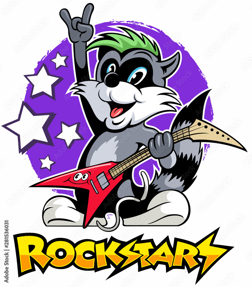 Fototapeta premium Cartoon style raccoon playing electric guitar, vector cartoon character.