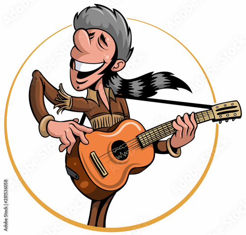 Cartoon style man in the buckskin clothes with a coonskin cap, playing an acoustic guitar, funny vector illustration.
