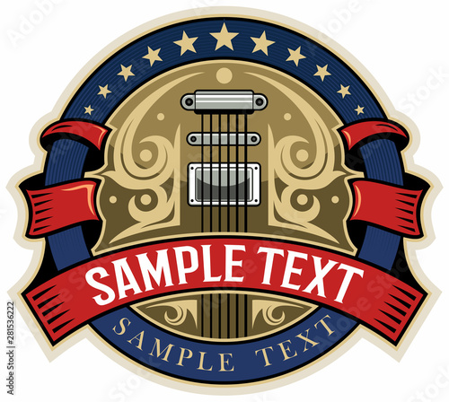 Red ribbons, blue circle with stars and electric guitar on background. Country music logo concept.