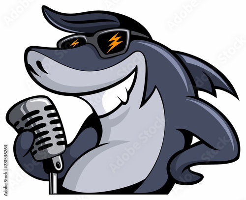 Funny, smiling shark cartoon character with the vintage microphone, sunglasses and the fifties style haircut, vector cartoon logo.