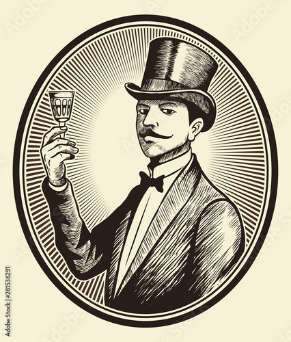 Portrait of old-fashioned, elegant gentleman wearing a cylinder hat with the wine glass in his hand, vintage vector image.