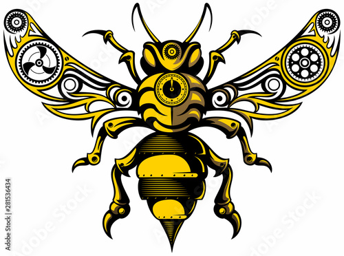 Vintage, steampunk style bee illustration and t-shirt design, isolated on white background.