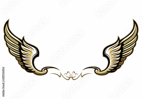 Vintage style two vector wings with the tribal ornament at the bottom, isolated on white background, design elements for logo, label, sign, emblem.