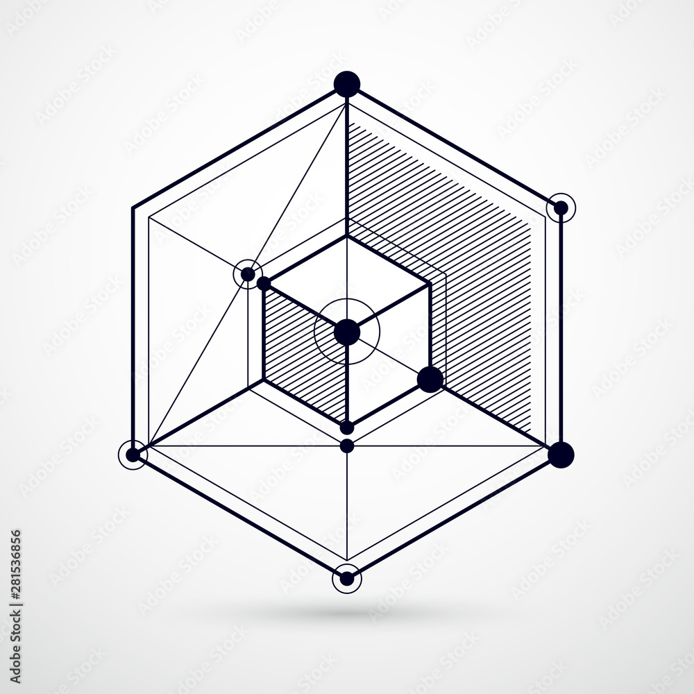 Isometric abstract black and white background with linear dimensional cube shapes, vector 3d mesh elements. Layout of cubes, hexagons, squares, rectangles and different abstract elements. Isometric abstract black and white background with linear dimensional cube shapes, vector 3d mesh elements. Layout of cubes, hexagons, squares, rectangles and different abstract elements.
