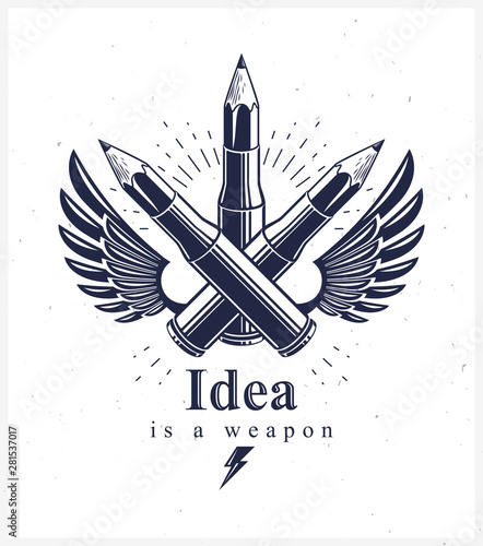 Idea is a weapon concept, weapon of a designer or artist allegory shown as a winged firearm cartridge cases with pencils instead of bullet, creative power, vector logo or icon.