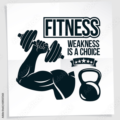 Weightlifting club promotion flyer. Vector composition created using athletic sportsman biceps arm with disc weight dumbbell and kettle bell sport equipment. Weakness is a choice lettering.