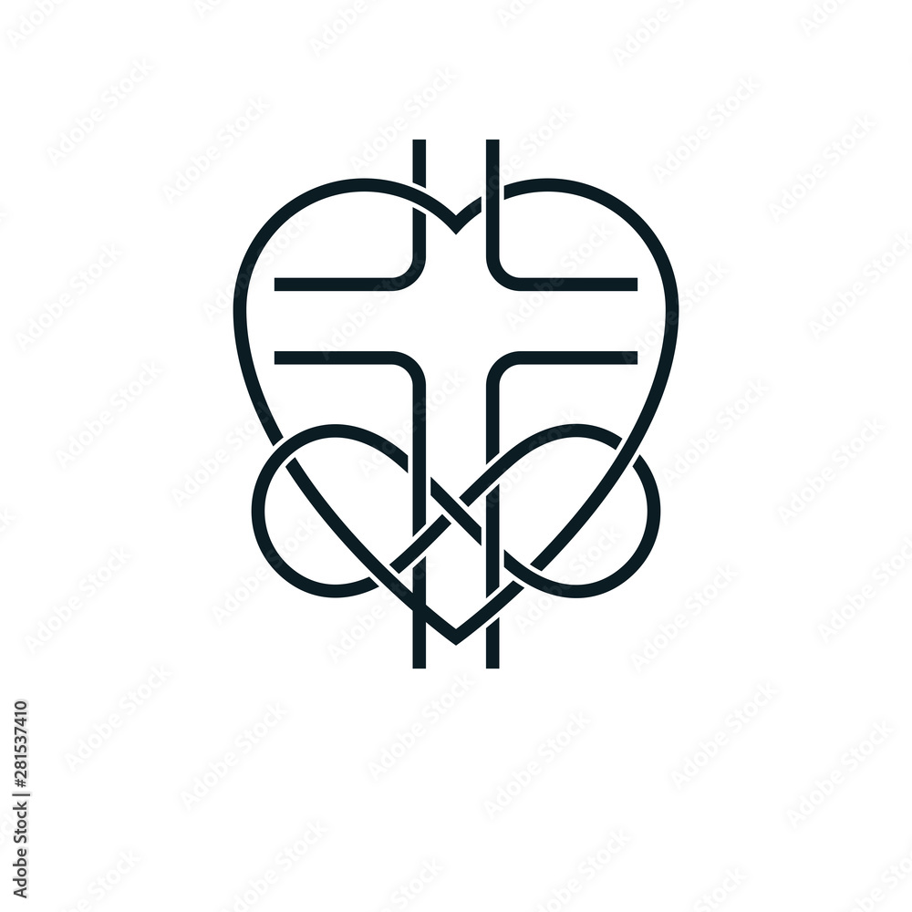 Immortal Love of God conceptual symbol combined with infinity loop sign and Christian Cross with heart, vector creative logo. Immortal Love of God conceptual symbol combined with infinity loop sign and Christian Cross with heart, vector creative logo.