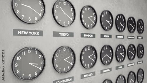 Round clocks show time in different cities on white dark concrete wall. Symbol for Greenwich Mean Time. Clock face timelapse 60fps 4K animation..