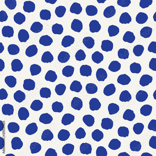 Seamless pattern. Hand drawn imperfect polka dot spot shape background. Monochrome textured dotty ink blue and white imperfect circle all over print swatch