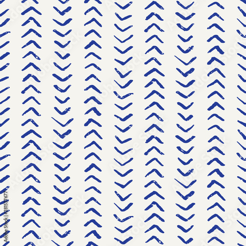 Seamless pattern. Hand drawn broken herringbone stitch background. Monochrome textured brush stroke blue and white. Abstract all over print swatch